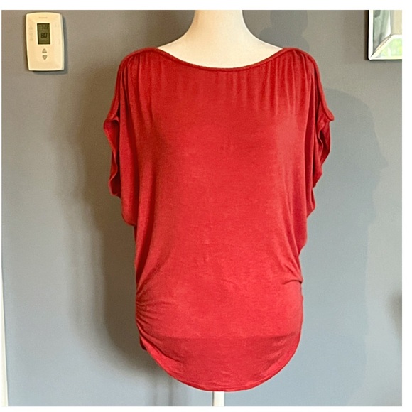 MAX STUDIO M BOATNECK DOLMAN SHORT SLEEVE KNIT TOP side RUCHING RUST FLATTERING - Picture 2 of 8